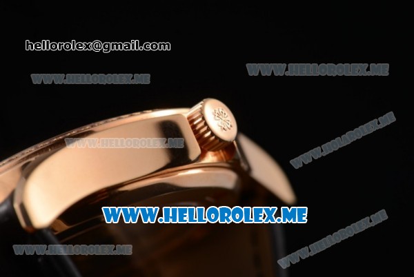 Patek Philippe Calatrava Miyota 9015 Automatic Rose Gold Case with Black Dial Black Leather Strap and Diamonds Markers Diamonds Bezel - Click Image to Close